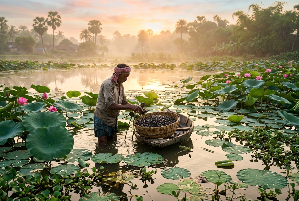 Makhana harvest in a lotus pond in Mithila, Bihar